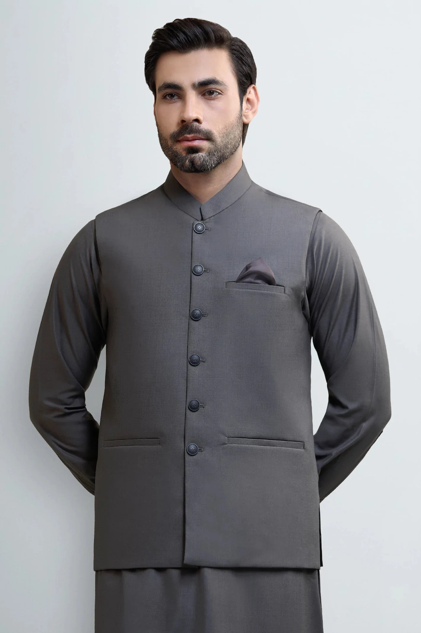 Mens Kurta Shalwar & Vest Combo EGW0046 Dark Grey - Image 2