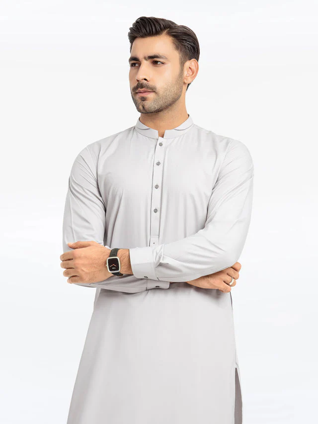 Edenrobe Men's Silver Kurta Shalwar - EMTKS24-41132 NY(Top) - Image 2