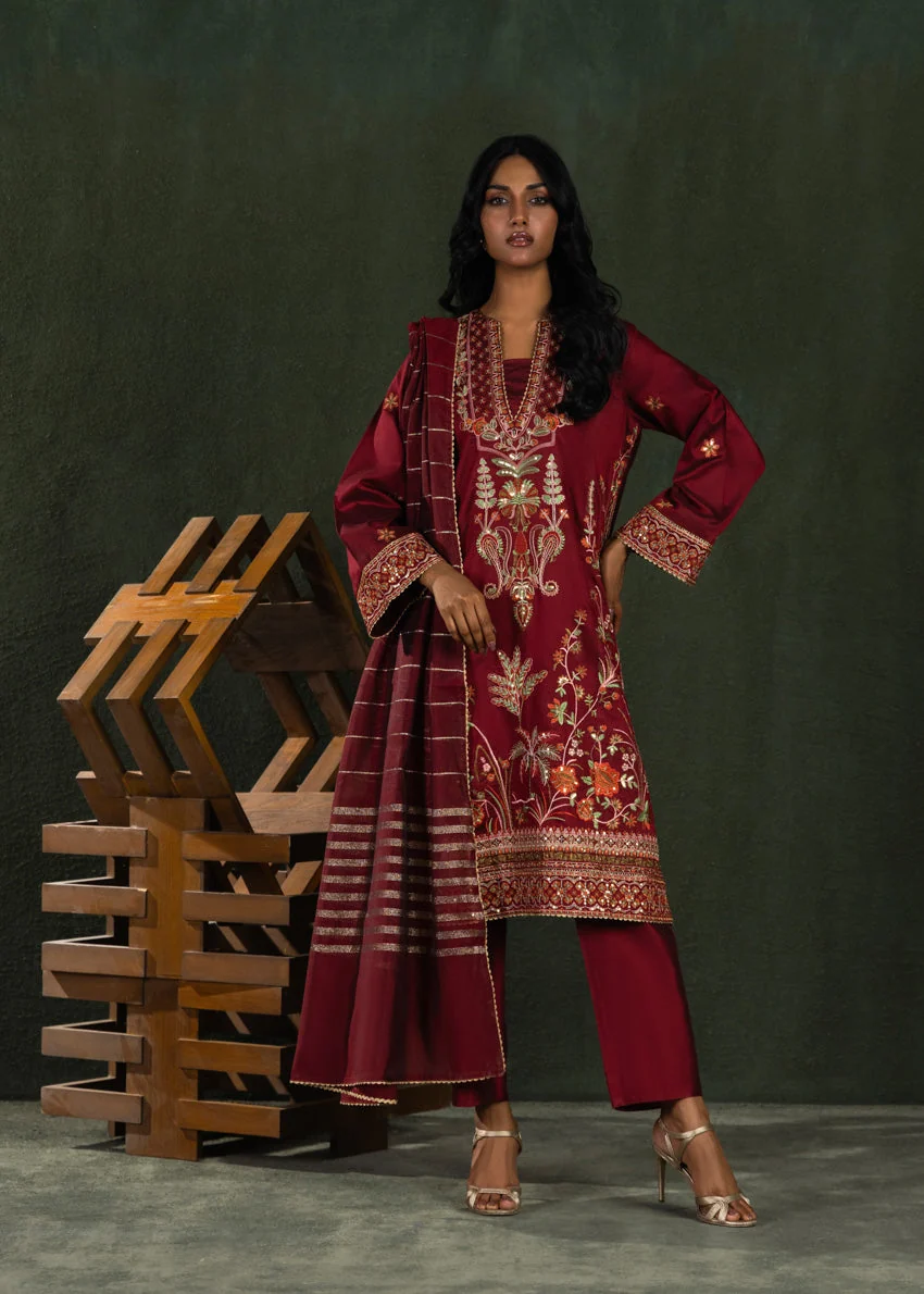 Maroon-Cotton-Silk-3 Piece (WP3PSLW25L10N5) J (19) (Y-146T)